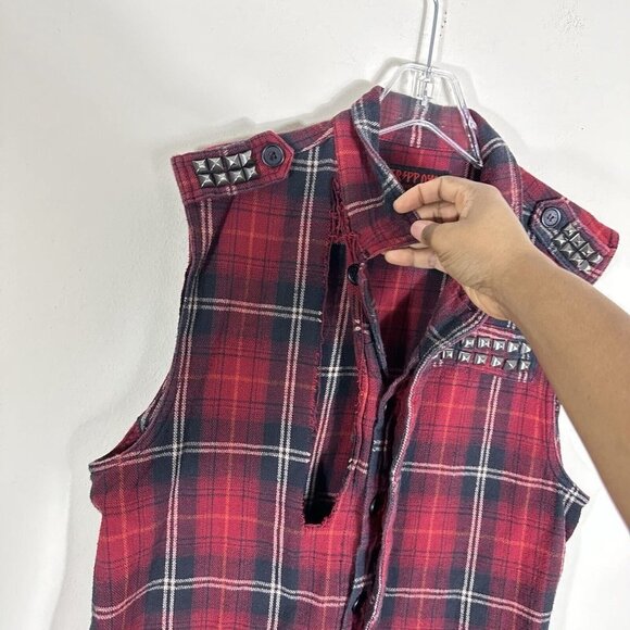 Tripp NYC Plaid Shirt Unisex Red Plaid Button up Distressed Studs Size M Medium - Picture 3 of 6